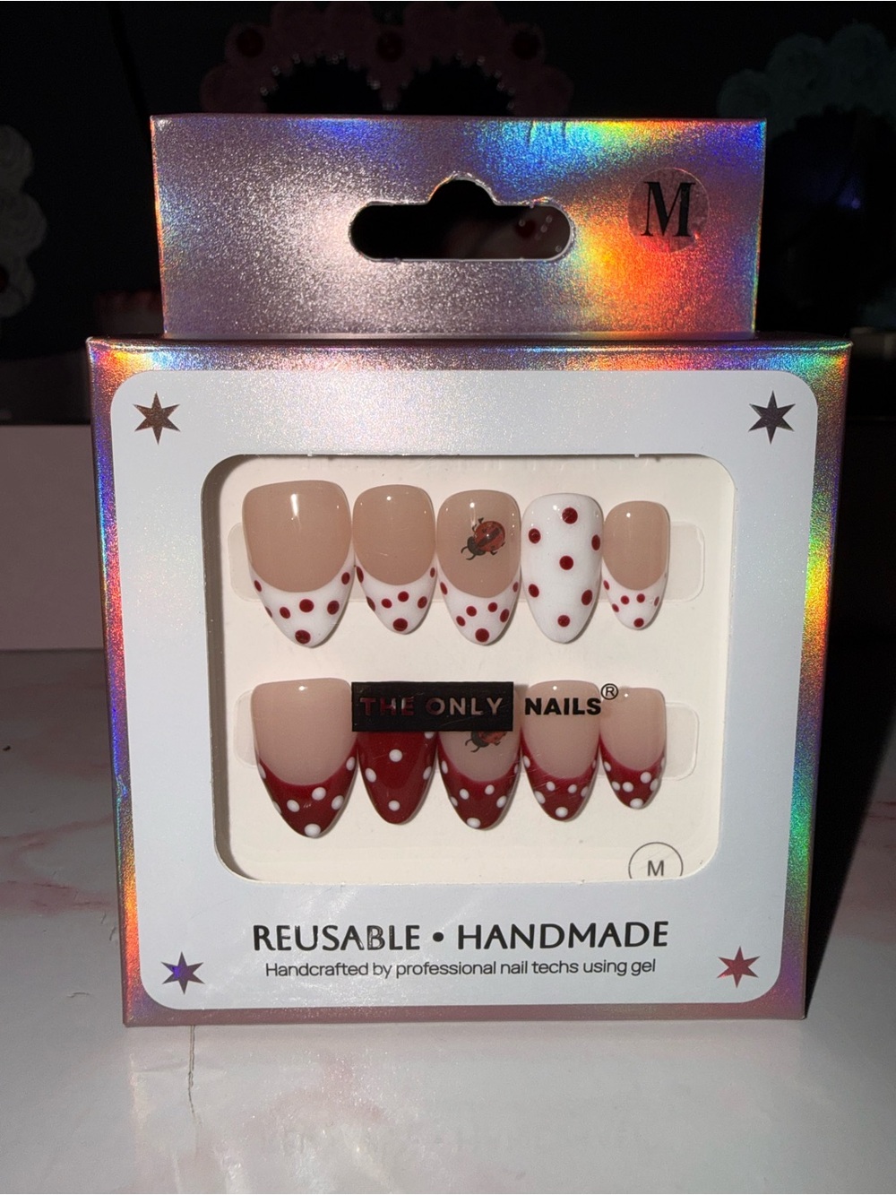 The Only Nails Handmade Lady Bug Design w/Polka Dot Red & Nude Press-On Nail Set